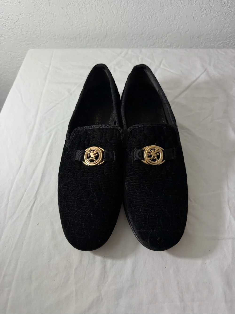 Stacy Adams Black Velvet Loafers with Gold Emblem